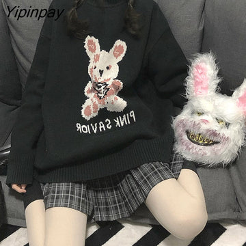 Yipinpay Women's Sweater Oversize Y2k Aesthetic Goth Korean Pullover Tops Long Sleeve Vintage Streetwear Coat Knitted Vest Winter Clothes